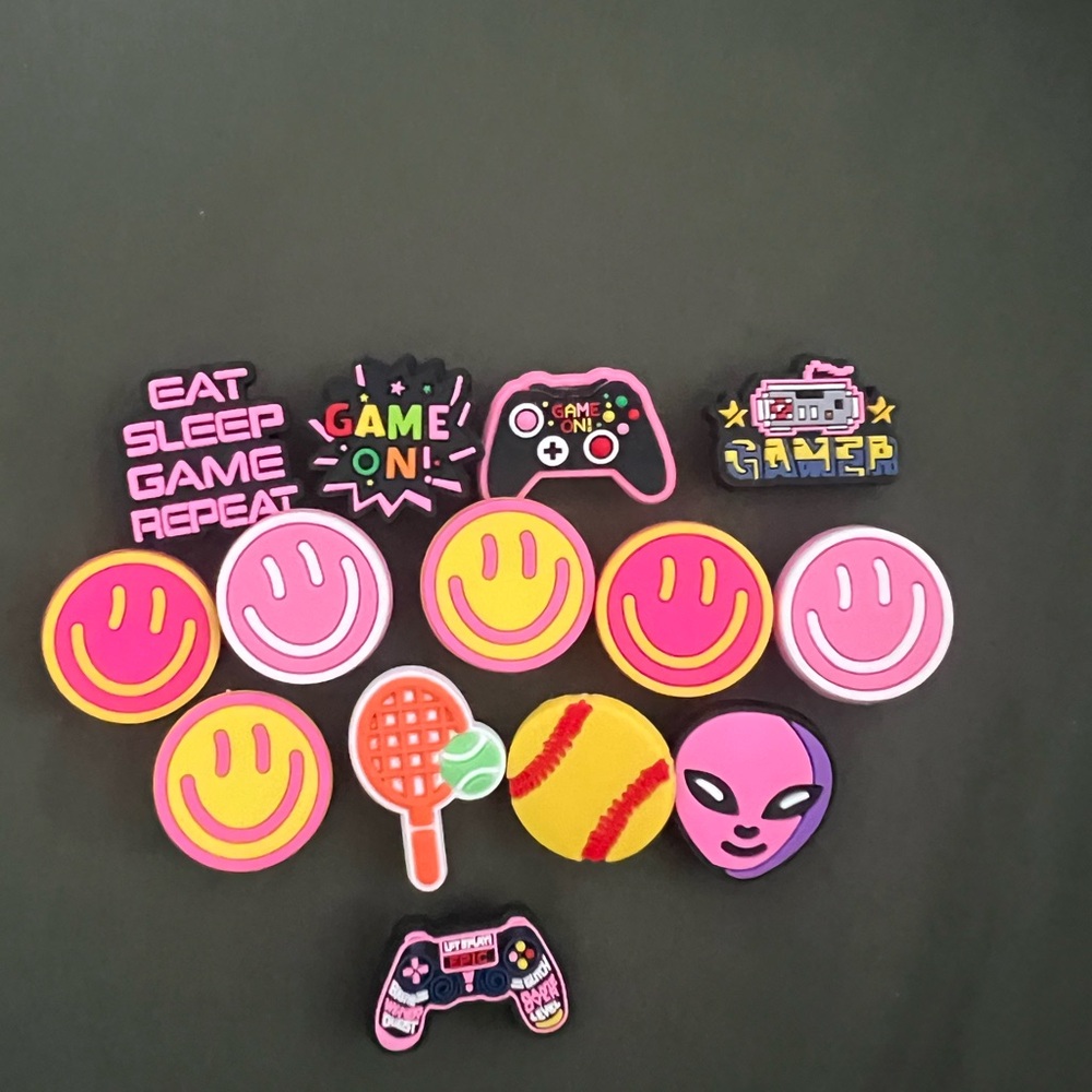 Crocs PVC Shoe Charms Lot Of 14, Girly, Gaming, Emoji , Pink, Sports